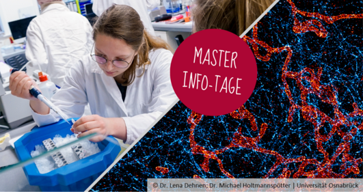 Eine Collage aus einer Person im Laborkittel, die eine Pipette hält, und einem Mikrosokopiebild in rot blau. In einem rotem Kreis steht "Master Info-Tage". Eine Collage aus einer Person im Laborkittel, die eine Pipette hält, und einem Mikrosokopiebild in rot blau. In einem rotem Kreis steht "Master Info-Tage".